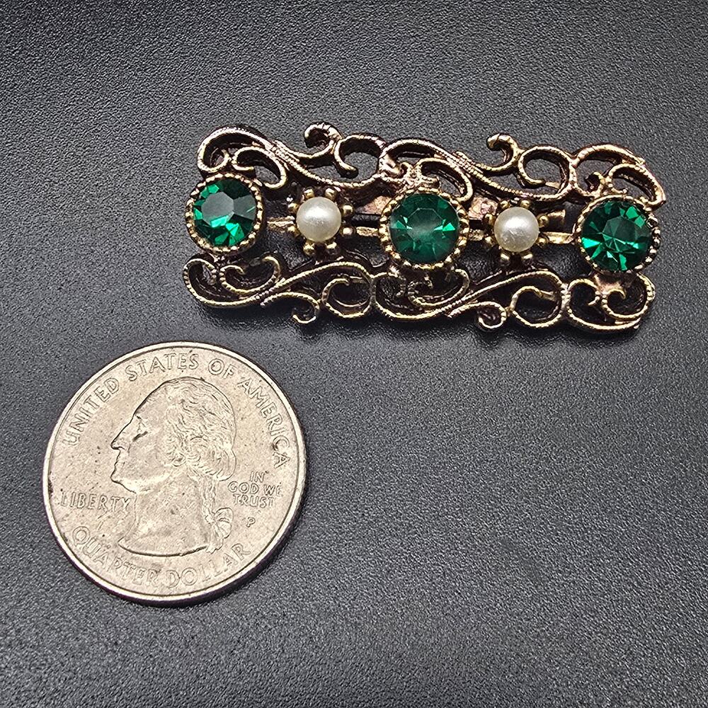 Green Rhinestone Faux Pearl Brooch Rectangle Filigree Vintage Jewelry - Picture 2 of 5
